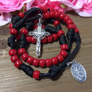 Saint Michael Catholic Rosary ~ Red beads Rosary ~ paracord Rosary | Handmade