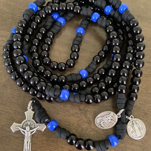 15 or 20 Decade Catholic Rosary, Black/Blue beads Rosary, St. Michael/St. Benedict medals , Durable paracord Rosary | Handmade