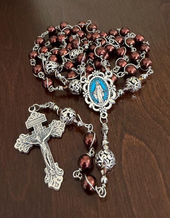 Handmade Unbreakable Catholic Rosary | Blue Enamel Miraculous Medal | Brown Beads Rosary