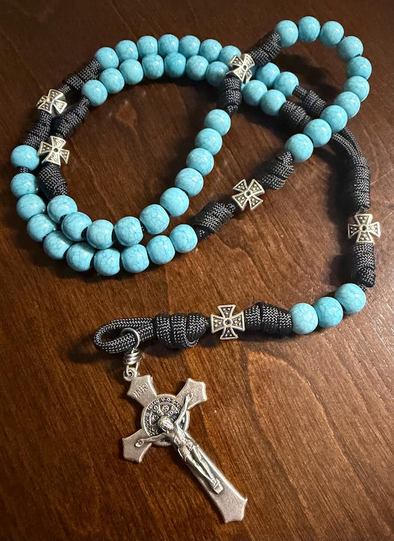 Paracord Rosary with St. Benedict Crucifix, Turquoise Beads, Handmade Catholic Rosary