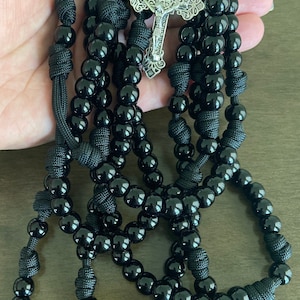 15 or 20 Decade Catholic Rosary ~ Black beads Rosary ~ Durable paracord Rosary | Handmade