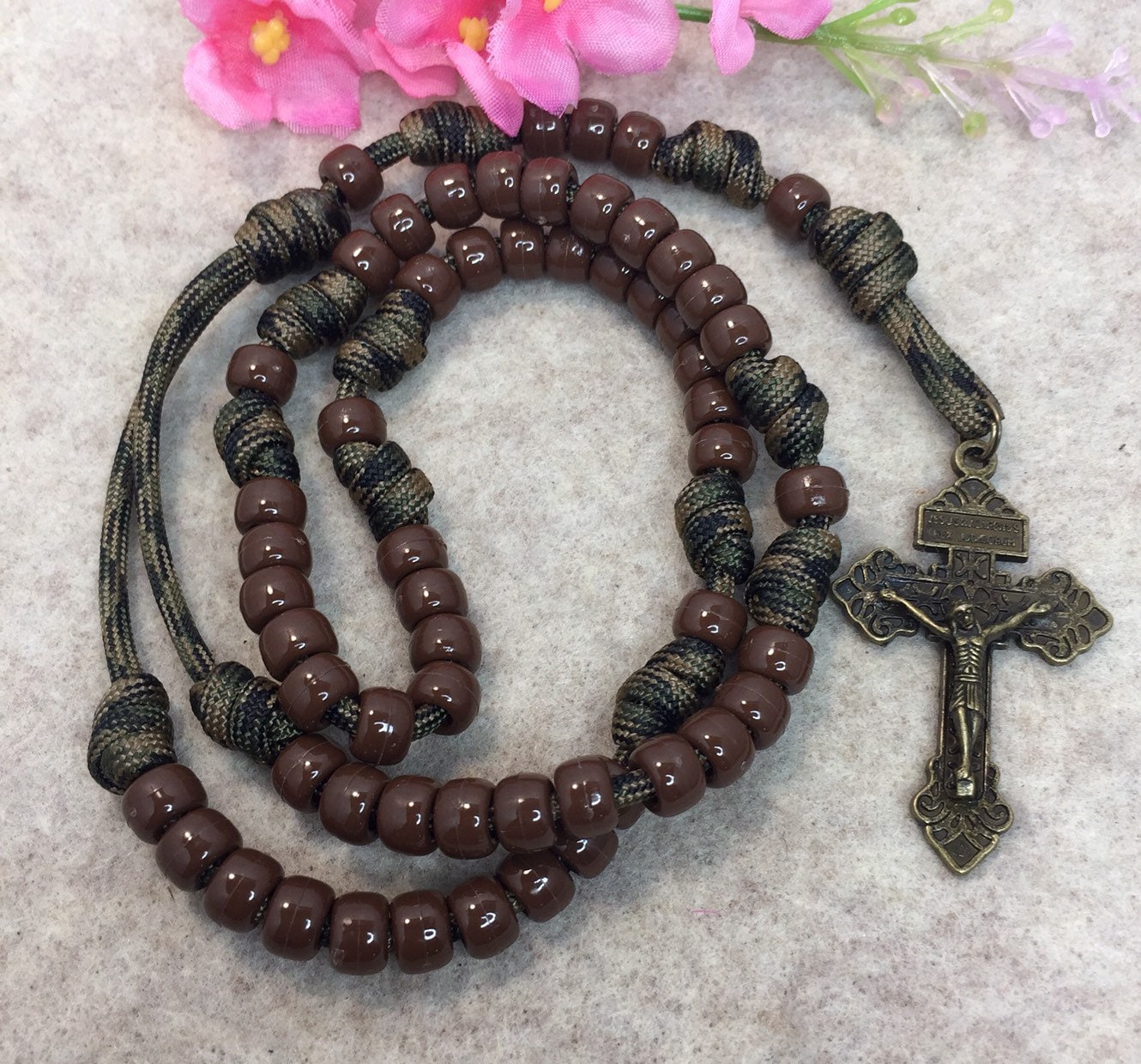 Brown Paracord Red Wood/Flower Beads Rosary – Catholic Mercy