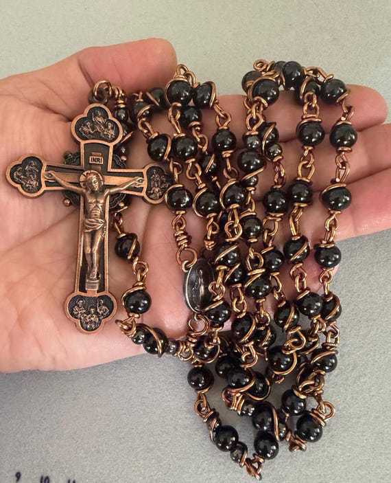 Unbreakable Black Stainless Steel Rosary | Copper Wire | Large Heavy Duty Rosary | 12 Apostles Crucifix| Handmade