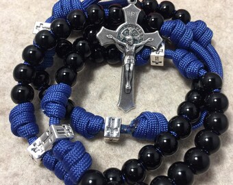 St. Benedict Rosary, Black Acrylic Beads, Blue Paracord, Handmade