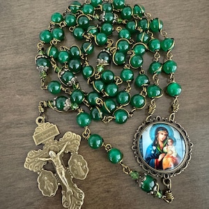 Our Lady Of Perpetua Hilfe Rosenkranz, unzerbrechliche grüne Perlen katholischer Rosenkranz, handgemacht