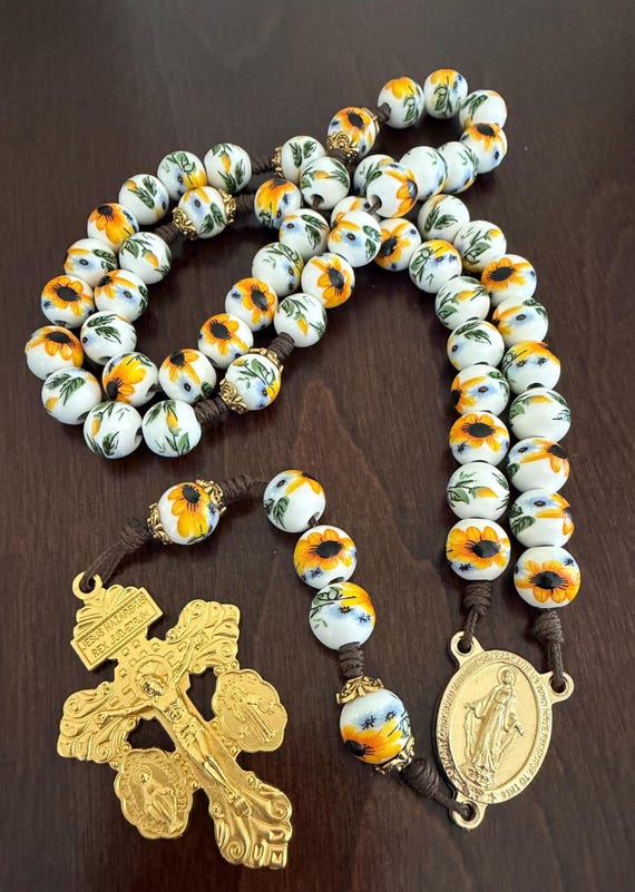 Handmade Sun flowers ceramic beads rosary, Gold miraculous Medal Rosary