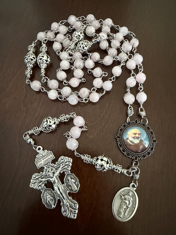 Handmade Rosary | Pink Stone Beads, St. Padre Pio, St. Rose of Lima Medals