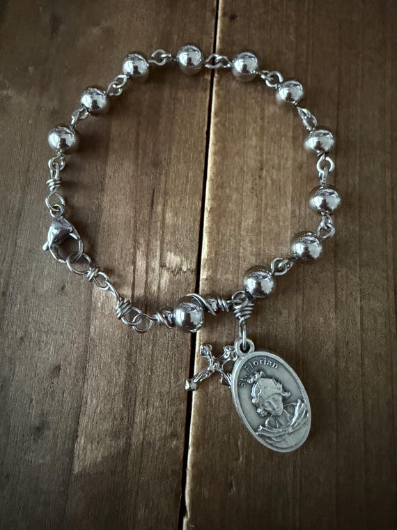 Handmade St. Florian Rosary Bracelet: Stainless Steel Beads, Firefighter Bracelet
