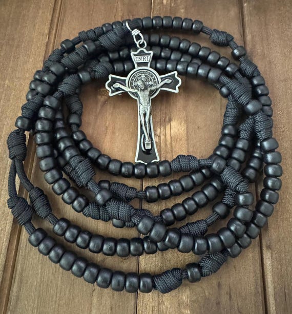 15 or 20 Decade Catholic Rosary, Black Matte beads Rosary,  Durable paracord Rosary | Handmade