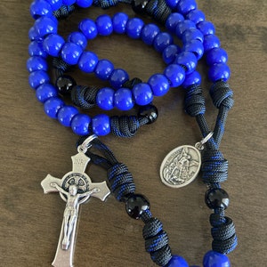 St Michael Rosary, St. Benedict Rosary, Durable paracord Rosary, Black/Blue Rosary - Handmade