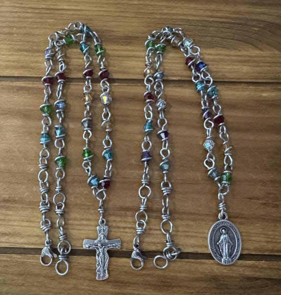 Colorful Rainbow Necklace, stainless steel wire wrapped Small Crystals, miraculous medal necklace.