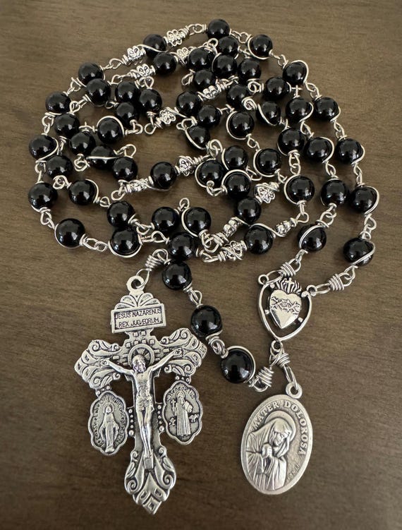 Seven Sorrows Of Mary Chaplet— unbreakable Black Beads Rosary — handmade
