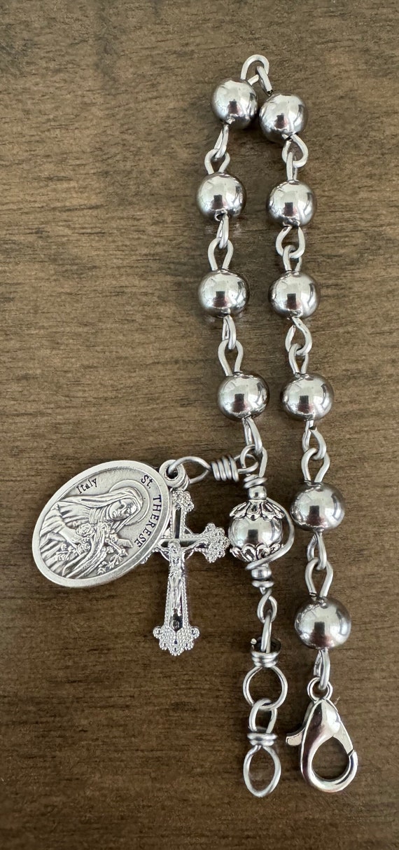 Bracciale Rosario Tau Con San Francesco E Madonna Miracolosa Con Decina Di Grani In Argento - Foto 8