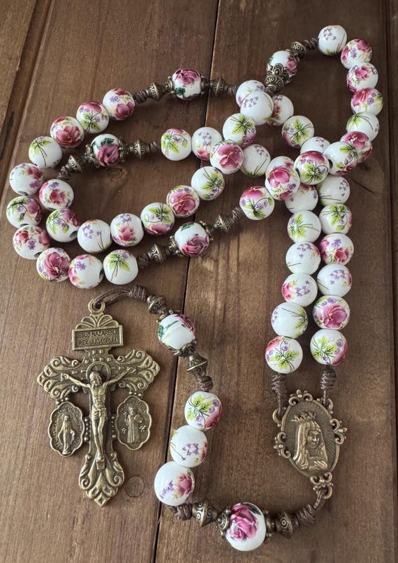 St. Therese of Lisieux Rosary, ceramic beads rosary - handmade
