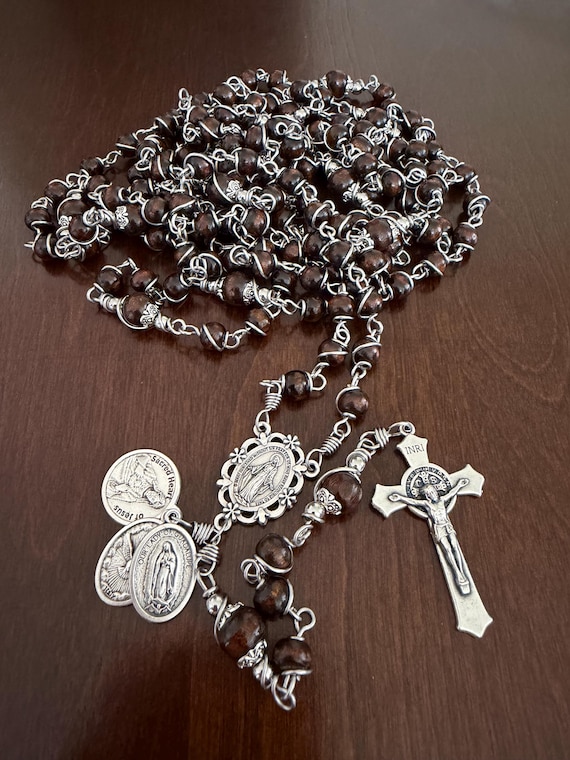 15 or 20 Decade Rosary, wood beads  Rosary, Miraculous Rosary, Three Saints medal, Handmade