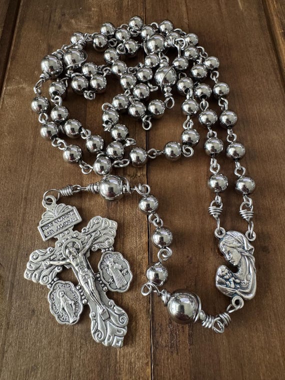 Handmade Stainless Steel Catholic Rosary, Madonna and child, Durable Rosary.