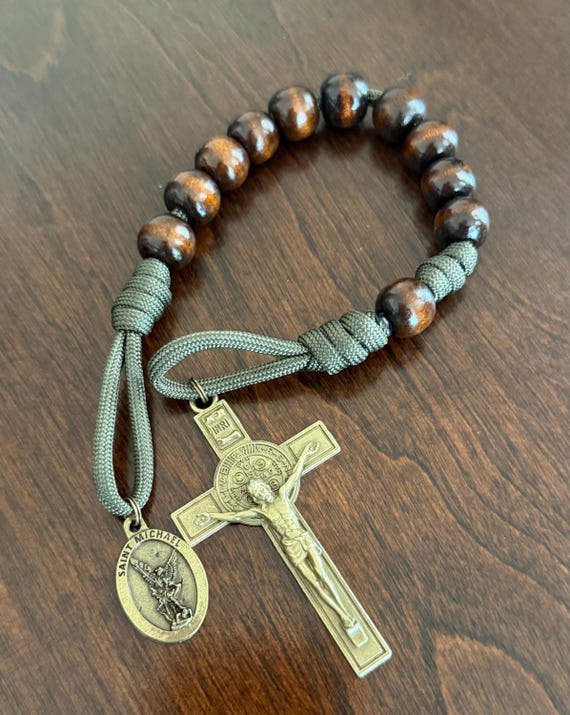 St. Michael Pocket Rosary, Unbreakable Olive Cord, Natural Wood Beads, St. Benedict Cross