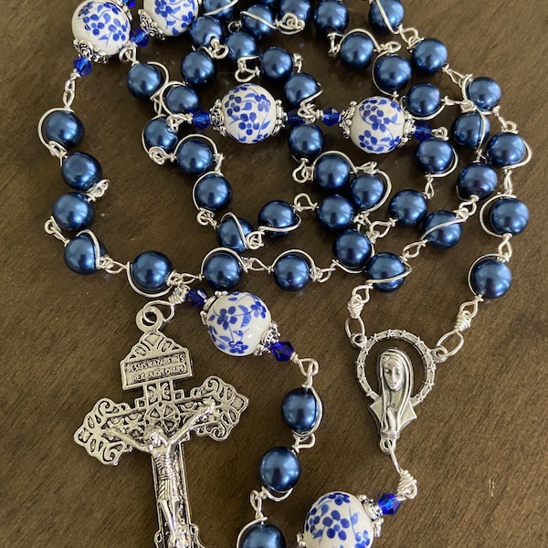 unbreakable rosary, Blue beads Rosary, handmade