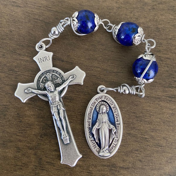 Three Hail Mary Chaplet, Miraculous medal, Blue beads Rosary