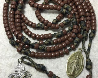 15 or 20 Decade Catholic Rosary, Brown beads Rosary, Miraculous medals, Durable paracord Rosary | Handmade