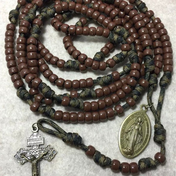 15 or 20 Decade Catholic Rosary, Brown beads Rosary, Miraculous medals, Durable paracord Rosary | Handmade