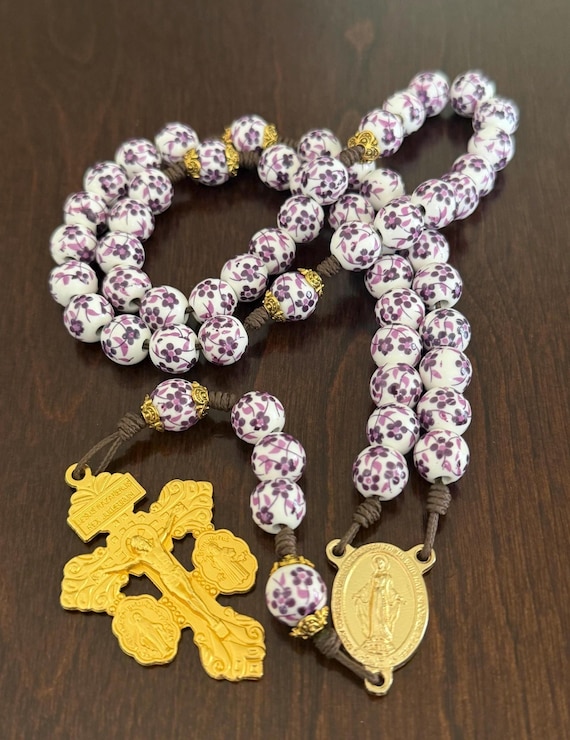 Handmade Purple flowers ceramic beads Rosary, Gold miraculous Medal Rosary
