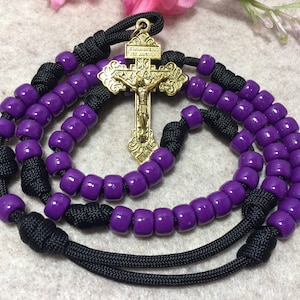 Katholieke rozenkrans, rozenkrans met paarse kralen, Pardon Crucifix Paracord-rozenkrans, handgemaakt