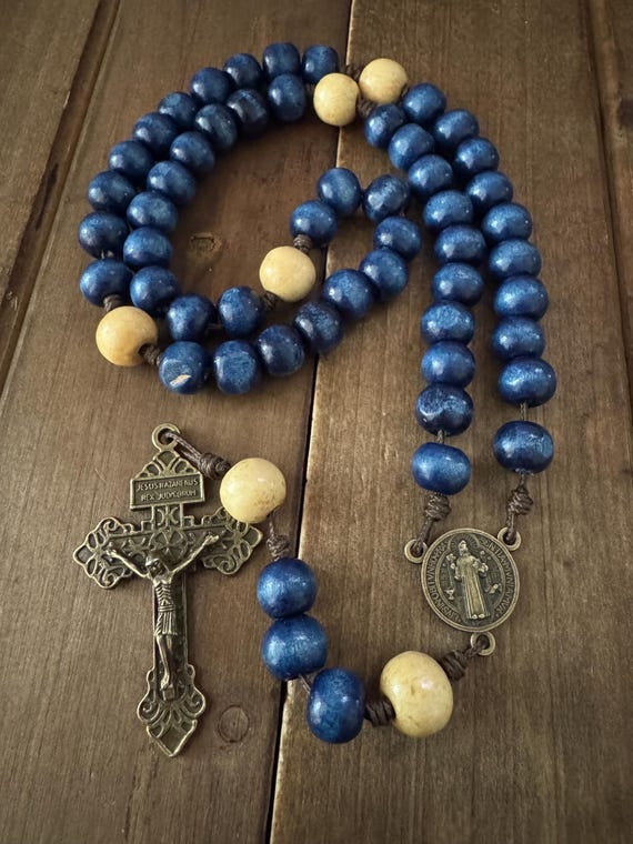 wooden beads Rosary, St Benedict blue Rosary, cord Rosary | Handmade