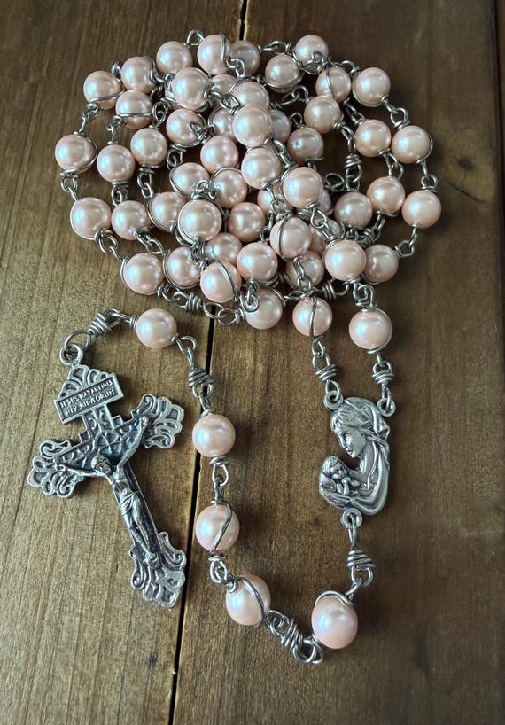 Handmade Rosary: Pink Glass Pearls Rosary, Our Lady and Child,  Pardon Crucifix