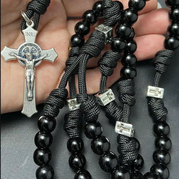Paracord Rosary, St Benedict Crucifix, Black Beads, Handmade