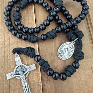 Guardian Angel Small Rosary, Black Beads, St. Benedict Crucifix | Handmade