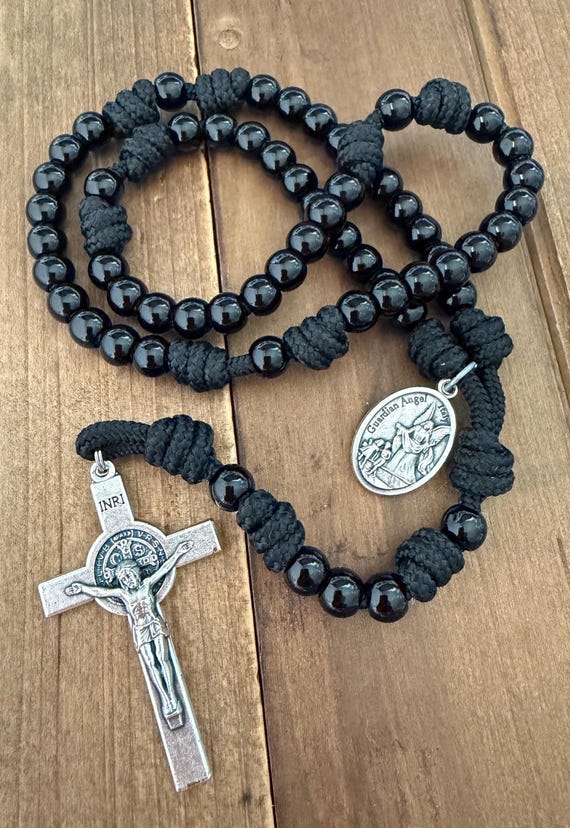 Guardian Angel Small Rosary, Black Beads, St. Benedict Crucifix | Handmade