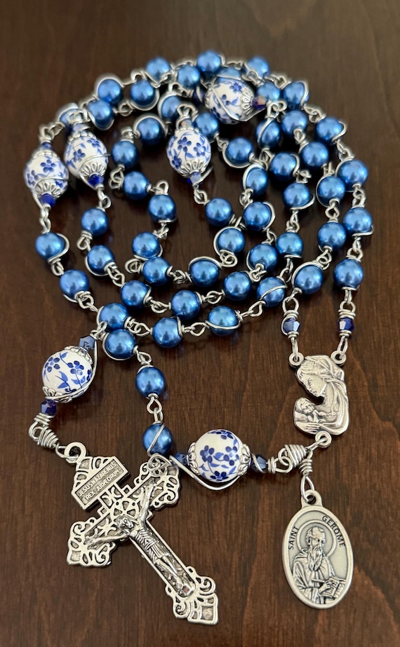 St. Gerome Catholic Rosary, unbreakable Blue beads Rosary, handmade