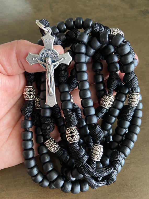 15 or 20 Decade Catholic Rosary-black Matte beads Rosary- Durable paracord Rosary | Handmade