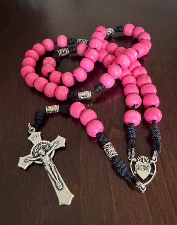 Pink Wood Bead Rosary, Sacred Heart, St. Benedict Crucifix, Durable Cord Handmade