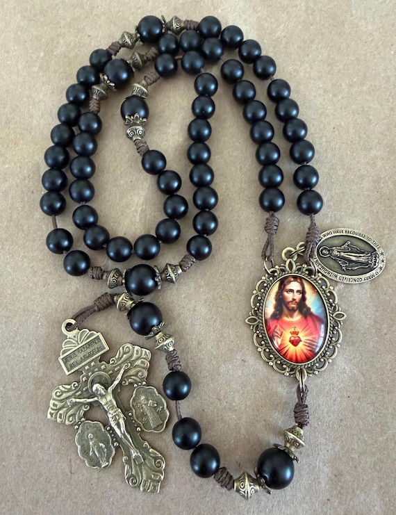 Handmade Sacred Heart of Jesus Rosary, AAA Onyx Black Matte Beads Rosary | Miraculous Medal