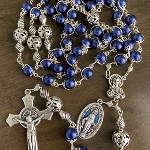 unbreakable rosary, Large Blue beads Rosary, Miraculous medal, Sacred Heart Rosary handmade