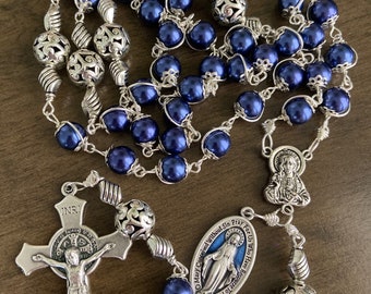 unbreakable rosary, Blue beads Rosary, Miraculous medal, Sacred Heart Rosary handmade