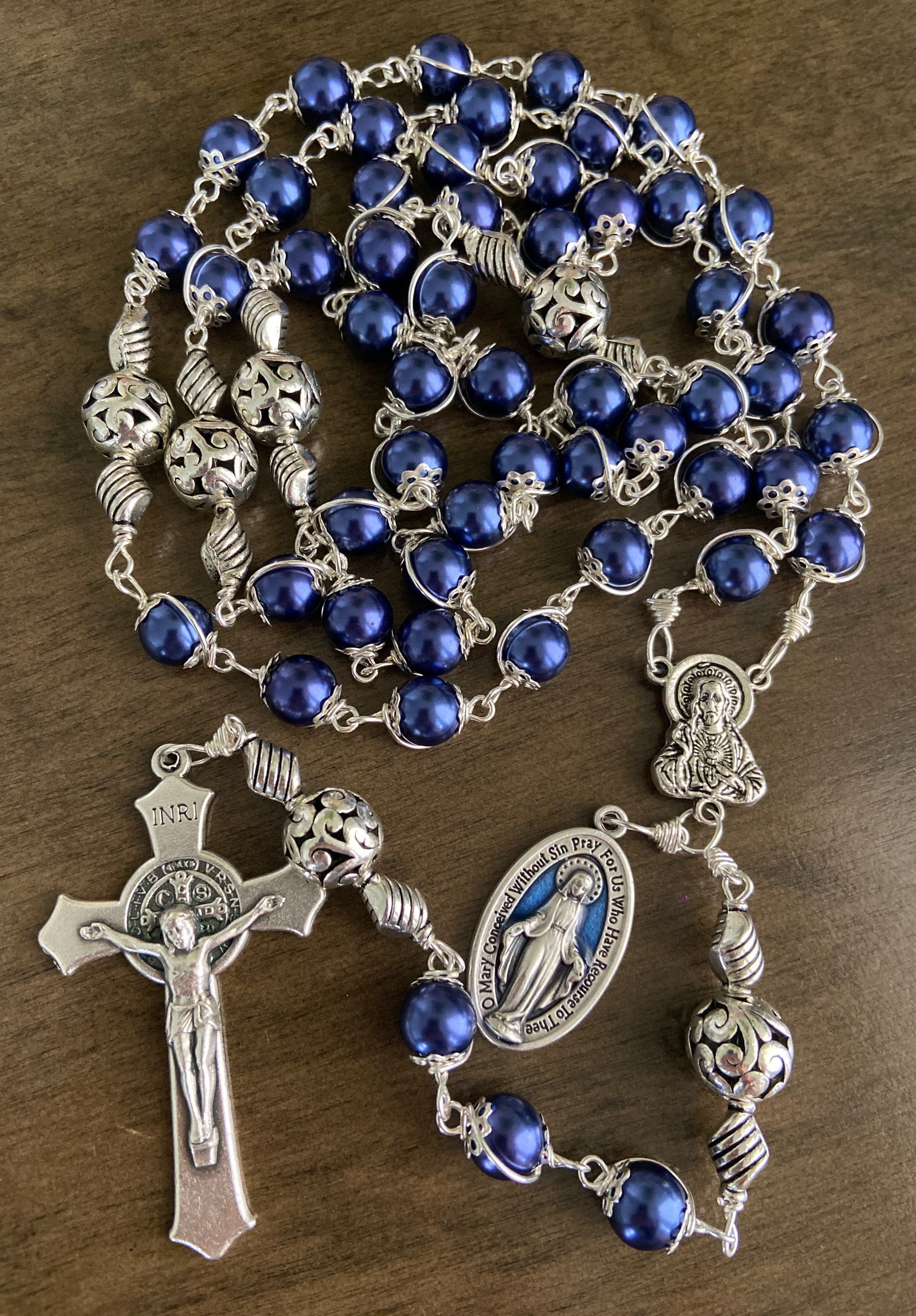 Sacred Heart of Jesus Blue Glass Cross Rosary Beads.