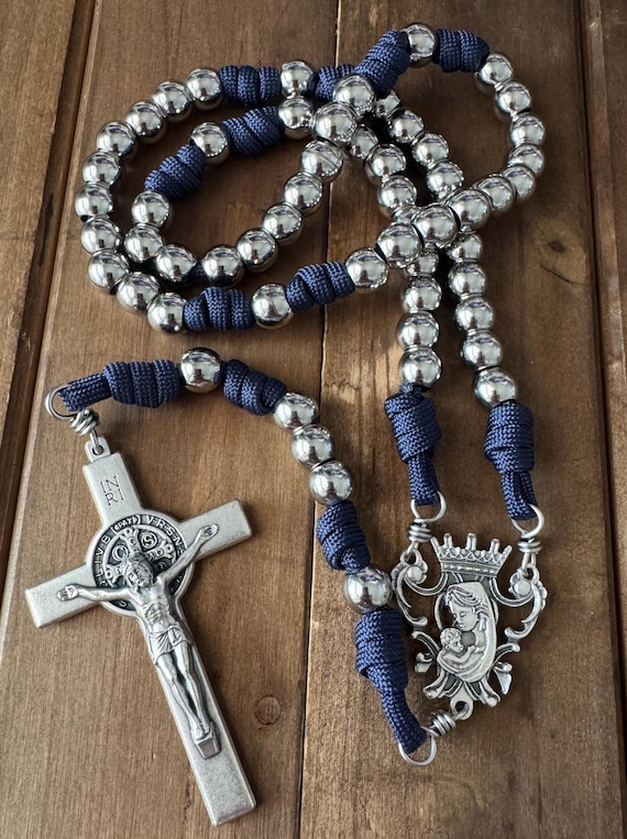 Our Lady Catholic Rosary, Heavy Duty Stainless Steel Beads, Large St Benedict Crucifix