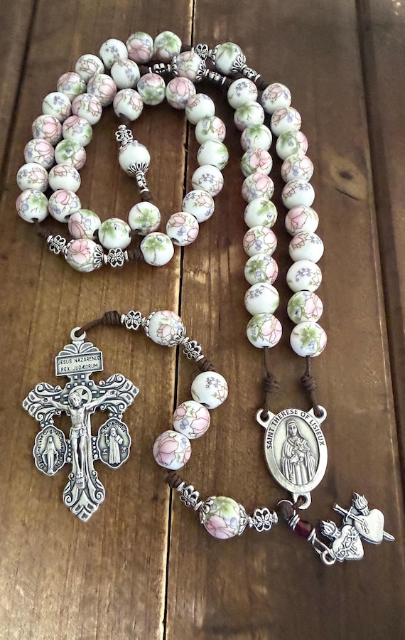 St. Therese Ceramic Bead Rosary, Sacred Hearts Crucifix, Handmade Brown Cord Necklace