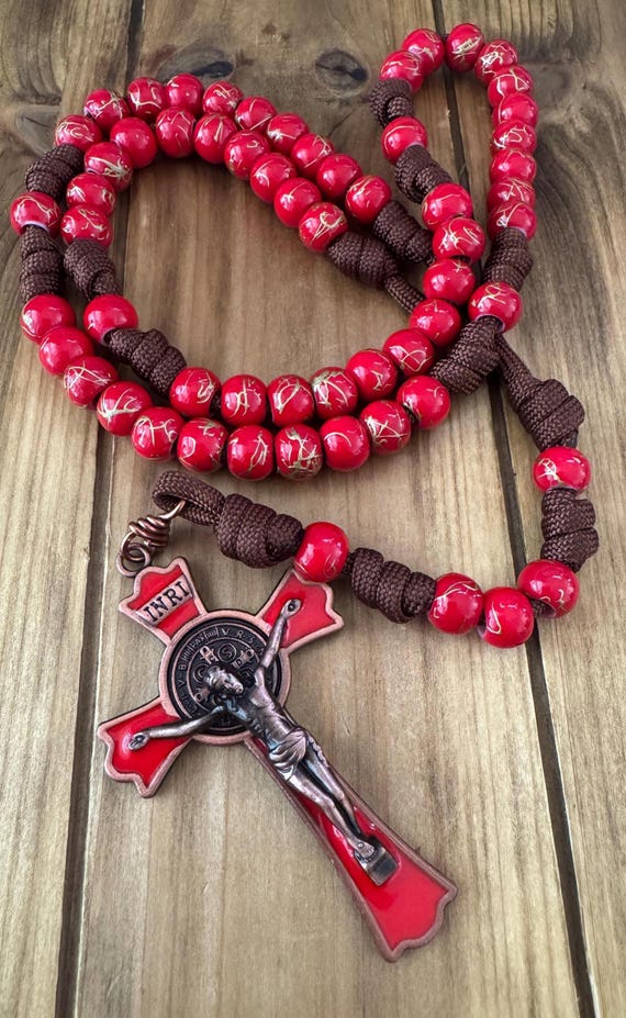 Handmade Paracord Rosary: Red/Copper Crucifix, St. Benedict