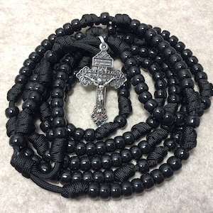 15 or 20 Decade Catholic Rosary ~ Black beads Rosary ~ Durable paracord Rosary | Handmade