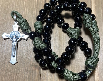 Catholic Paracord Rosary, Black Resin Beads, St. Benedict Crucifix