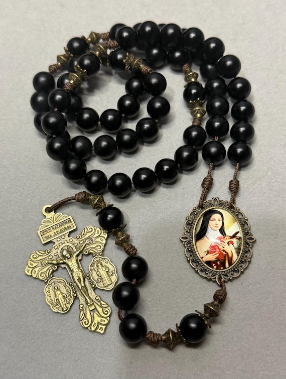 Handmade St. Therese of Lisieux Rosary, AAA Onyx Black Matte Beads Rosary
