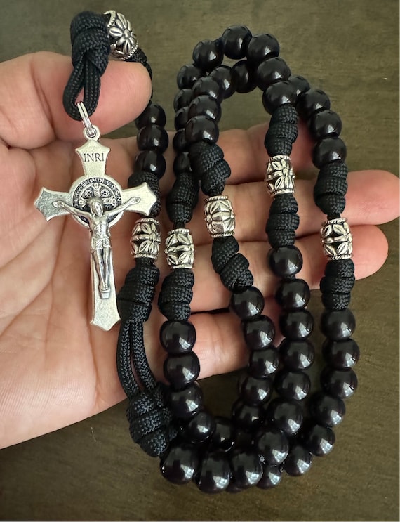 Handmade Black Bead Catholic Rosary, Durable Paracord, St Benedict Crucifix