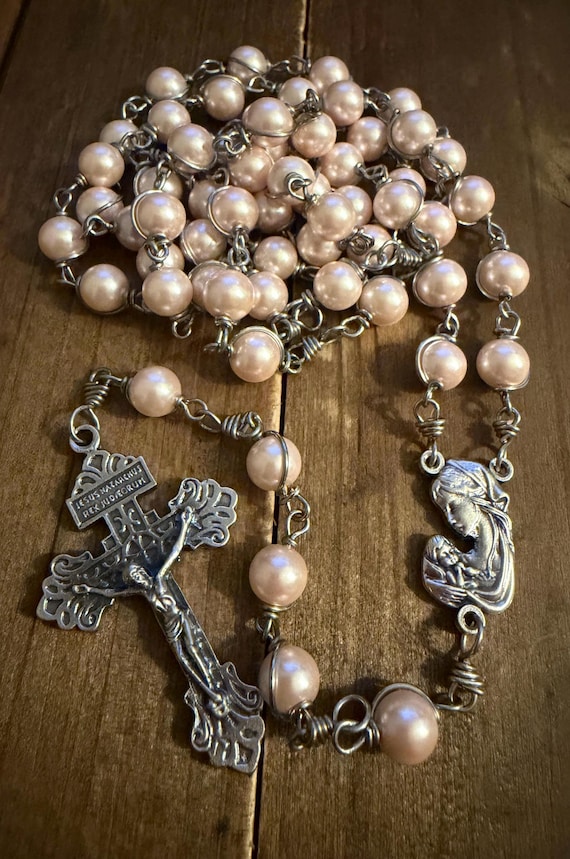 Handmade Rosary: Pink Glass Pearls Rosary, Our Lady and Child,  Pardon Crucifix