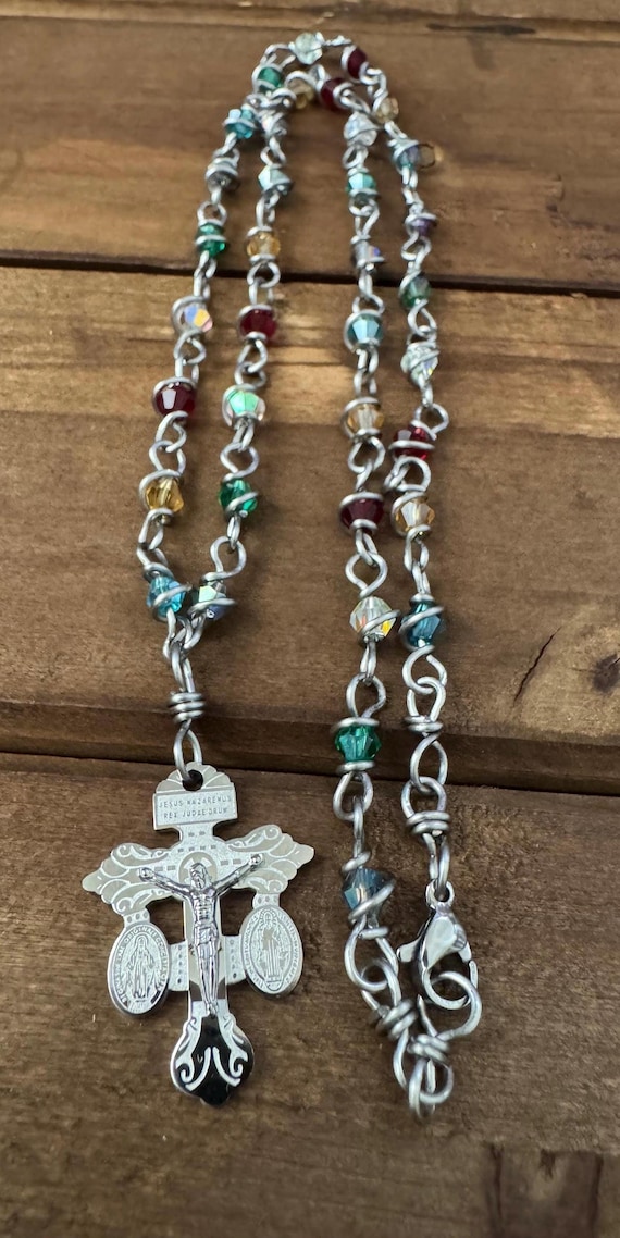 Colorful Rainbow Necklace,Small Crystals necklace, Stainless steel Pardon crucifix Necklace, Catholic necklace. Handmade