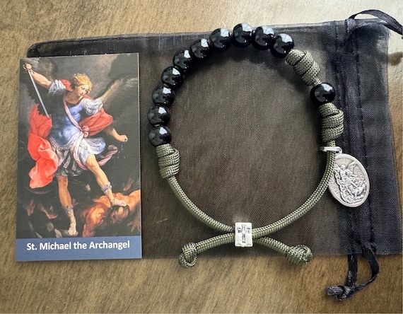 Saint Michael Rosary Bracelet: Black Resin Beads, Paracord Catholic Gift