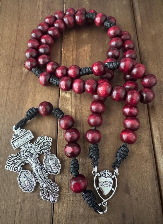 Sacred Heart of Jesus wooden beads Rosary, Red Wooden beads, Durable cord Rosary | Handmade